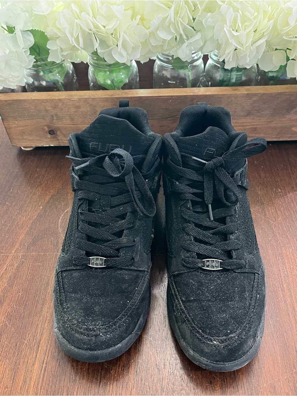 FUBU Men’s Black Suede High-Top Sneakers with Branded Lace Jewel. Size 10.5.